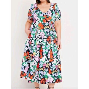 OLD NAVY Smocked V-Neck Puff Short Sleeve Midi Dress Large Floral Garden